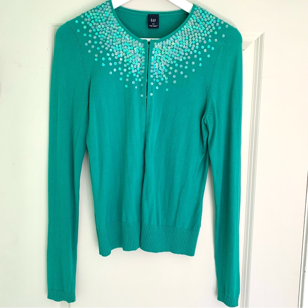 Gap vintage teal sequined cardigan size small - iridescent sequin top - y2k